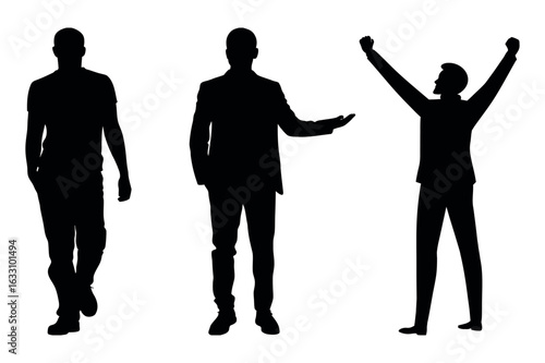Three dark silhouette figures show various poses on a transparent background