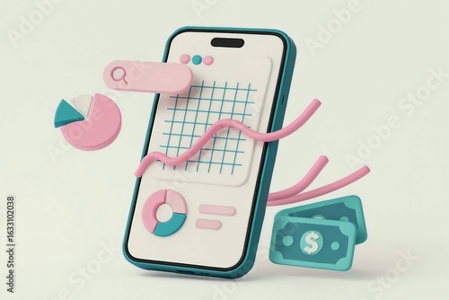3d illustration of mobile phone with financial charts and money