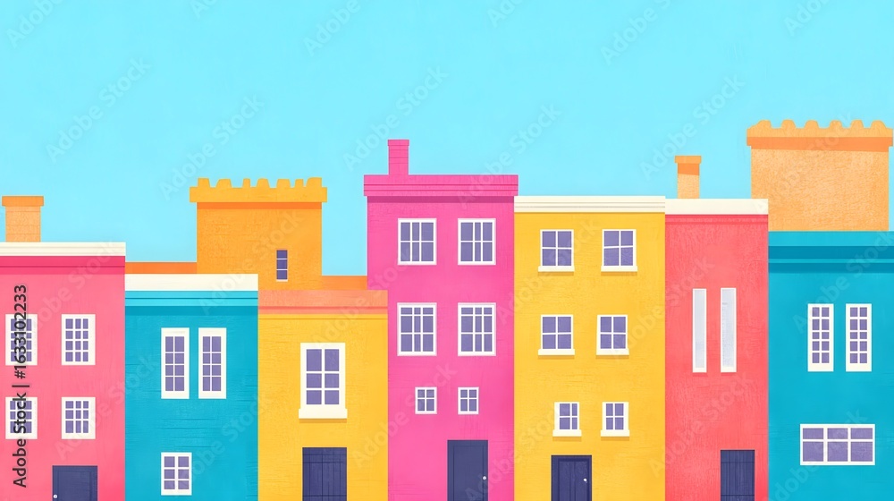 Colorful row of stylized buildings against a light blue sky. Colorful row of stylized buildings against a light blue sky.
