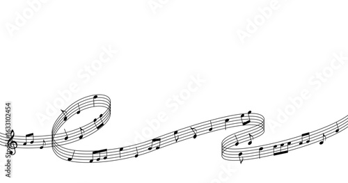 Elegant Black and White Music Background with Flowing Staff Lines and Notes
