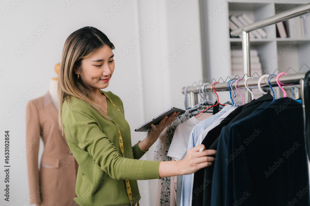 Obraz premium Asian fashion designer using digital tablet checking clothes on clothing rack
