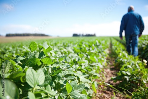 Man walks through vibrant soybean field