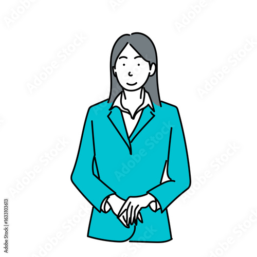 手を前に組んで立つ女性のベクターイラスト。落ち着いた表情と丁寧な姿勢が印象的なスーツ姿の女性。白背景のシンプルな構図