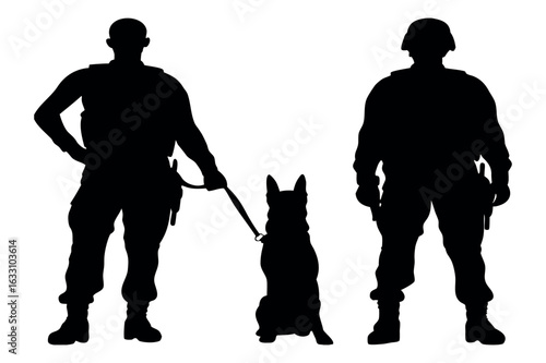 Silhouette shows officer holding dog leash next to another soldier in protective gear