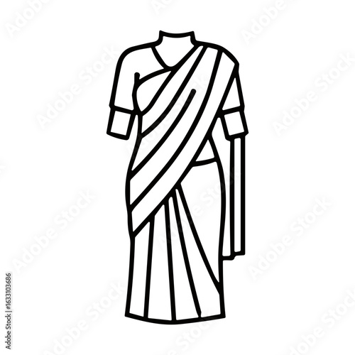 Simple Line Drawing Saree Traditional Indian Clothing Outline Illustration