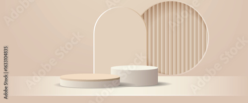 Minimalist 3D mockup pedestal, Abstract product display presentation, Stage showcase. Realistic 3D beige cylindrical podium background with ball, Arch backdrop scene. Platforms vector geometric design