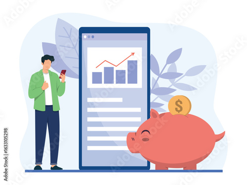 Financial illustration concept. A man investing money in stock market. A man analyzing financial graphs, charts and diagrams and other data. Stock trading concept. Vector illustration.