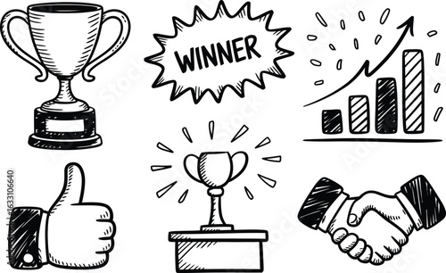 Doodle icons for success and winning trophy winner