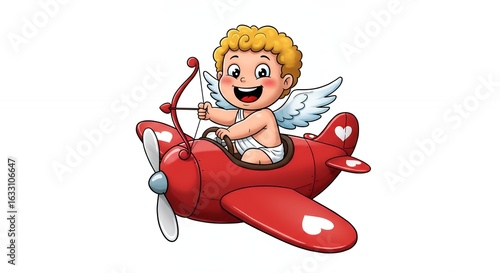 Cupid flying in a cartoon airplane
