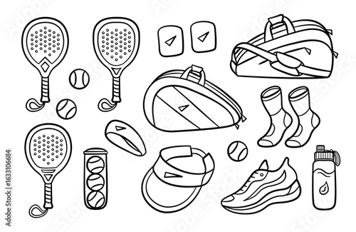 Padel sport equipment hand drawn illustration. Set of paddle tennis kit collection vector icon doodle. Containing racket, tennis ball, shoes, racquet bag, socks, headband, wristband, water bottle.