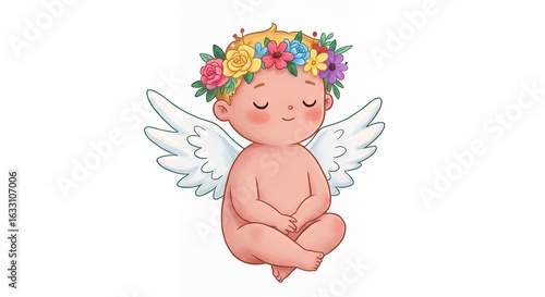 Cute baby angel with floral crown illustration