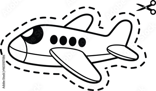 Black and white cartoon airplane with scissors illustration
