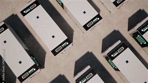 3d rendering group of energy storage systems or battery container units top view 4k footage