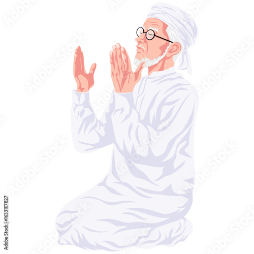 Muslim Man Praying Elderly Imam Cartoon Character Illustration Vector