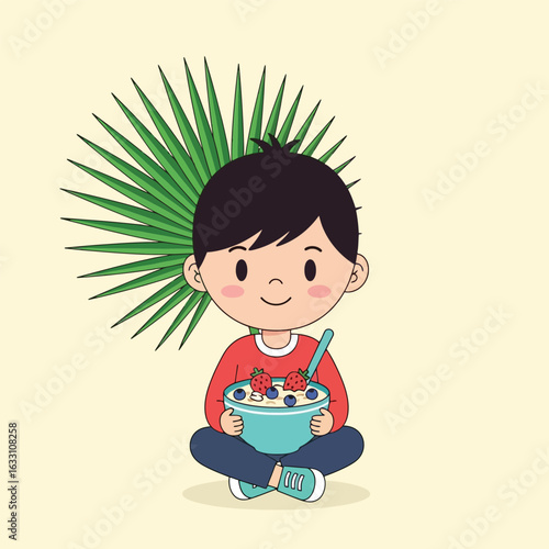 Boy Sitting Holding Bowl of Cereal with Strawberries and Blueberries