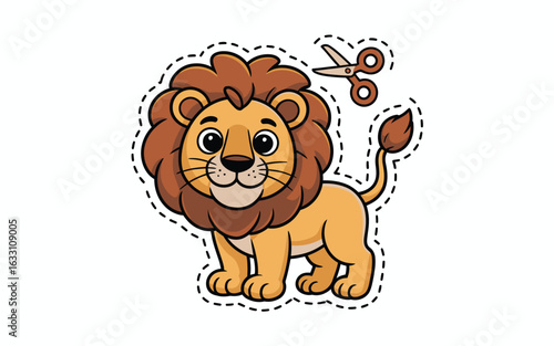 Cartoon lion with scissors on white background cut out