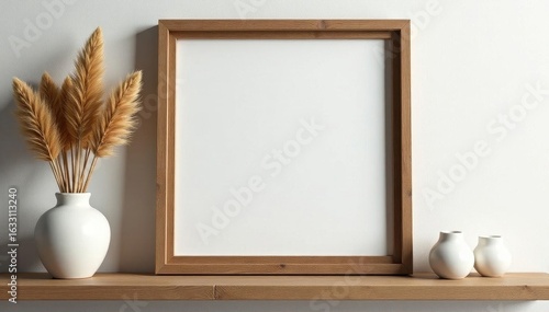 Rustic wooden frame displays dried pampas grass on a wooden shelf , neutral, home