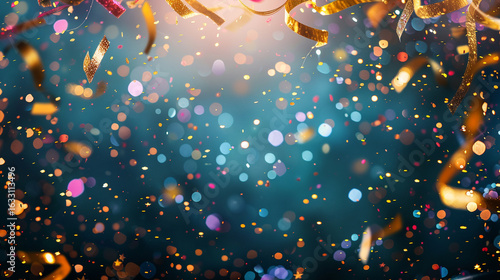 Teal abstract displays gold confetti and bokeh. Great for holiday posters, branding, and social media designs.