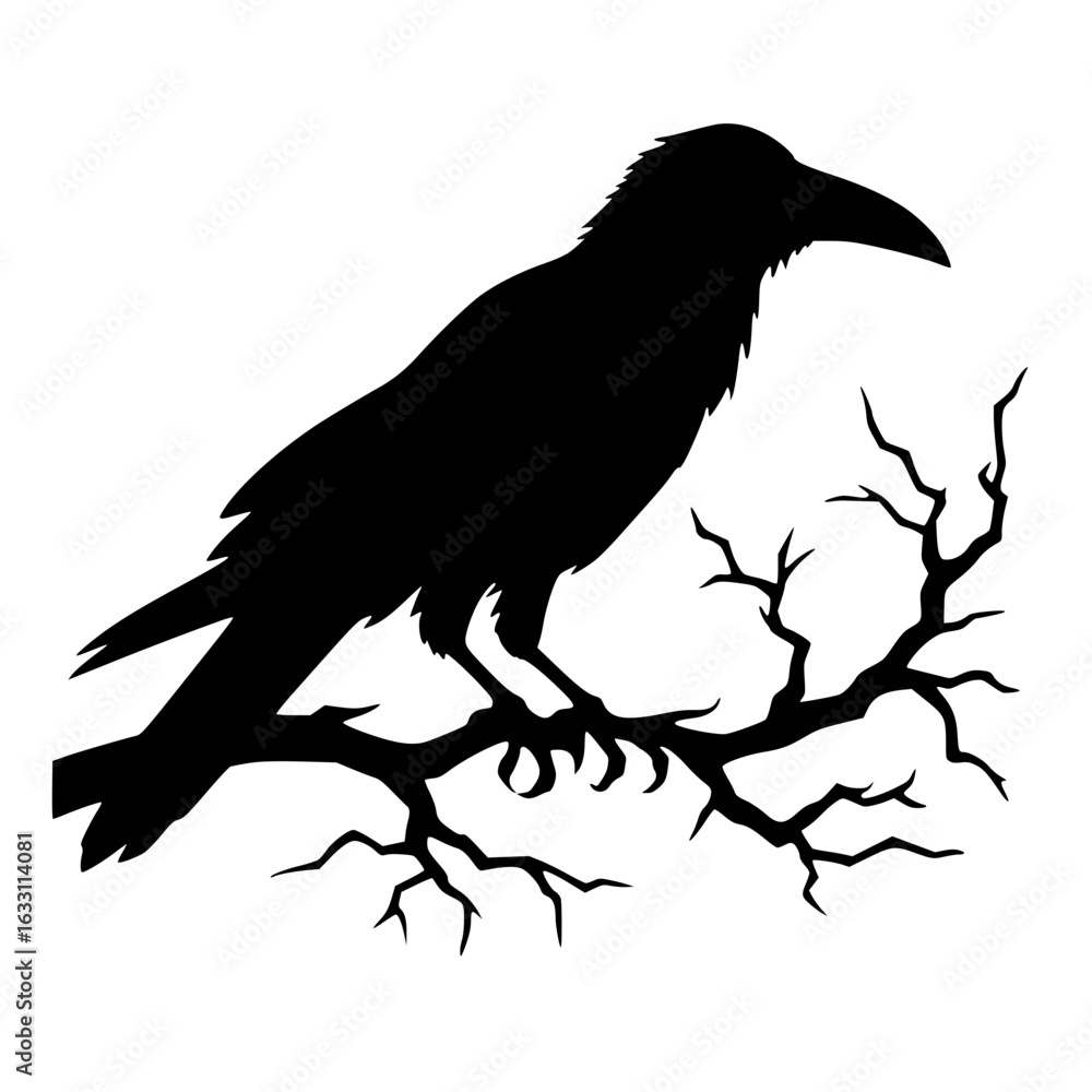 Fototapeta premium Minimalist Black Silhouette of a Spooky Raven on Branch Halloween Clipart Design