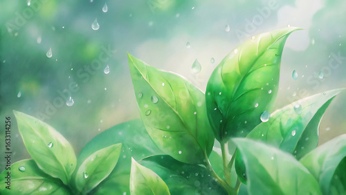 Fresh green foliage glistens as gentle raindrops cascade over the leaves in a soothing shower