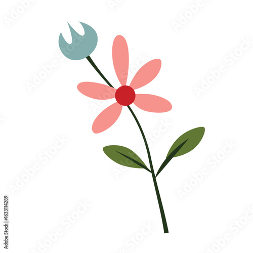 2d Cute pink and blue flower with green leaves in flat vector style, playful and soft colors.
