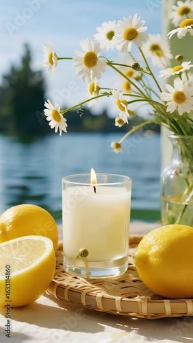 Lemon and Chamomile Candle on a Sunlit Lakeside Table