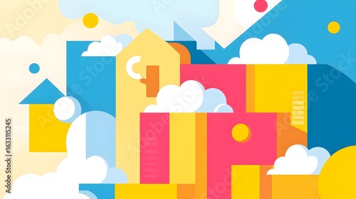 Colorful abstract cityscape design with clouds.