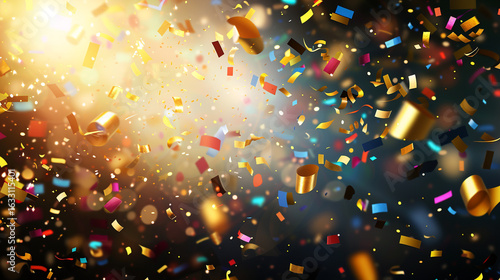 Multicolor confetti rain sparkles against bokeh background. Celebrates holidays, events. Ideal for party invites, social media, website headers.