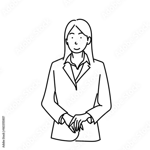 手を前に組んで立つ女性の線画ベクターイラスト。丁寧な姿勢と落ち着いた表情のスーツ姿の女性。白背景のシンプルな構図
