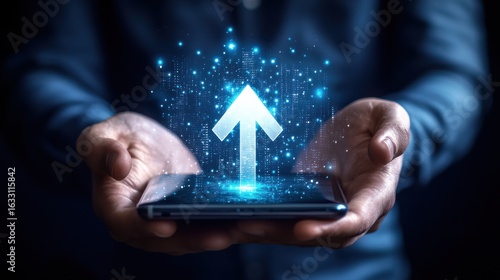 A person's hands holding a smartphone with a glowing digital arrow emerging from the screen, symbolizing growth and technological advancement in a futuristic setting.