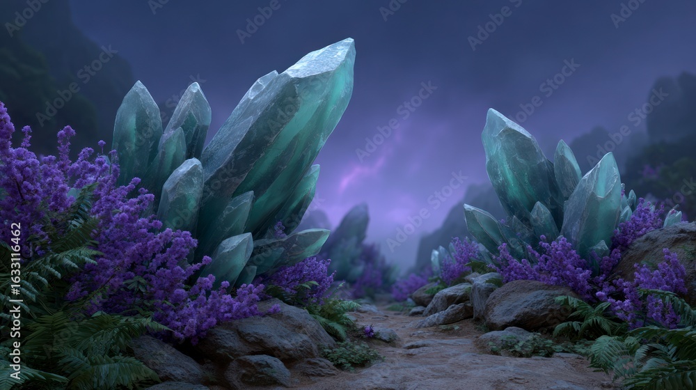 Obraz premium Large jagged crystals with purple flowers on a rocky path under a dark sky