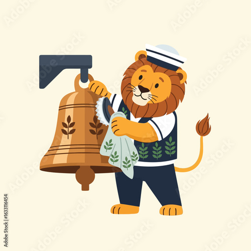 Lion Character Cleaning Bell Illustration Nautical Theme Cleanliness Concept