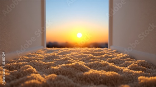 Wallpaper Mural Close up perspective of plush carpet leading to a bright sunset view through a doorway Torontodigital.ca
