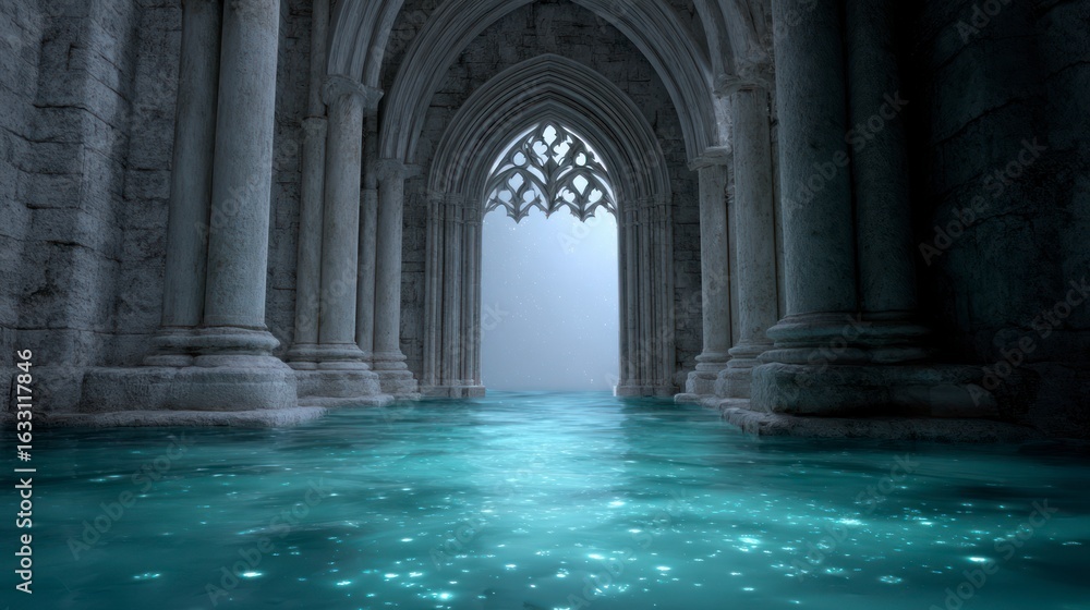 Fototapeta premium Ancient stone hall with Gothic archway and luminous shallow water architecture