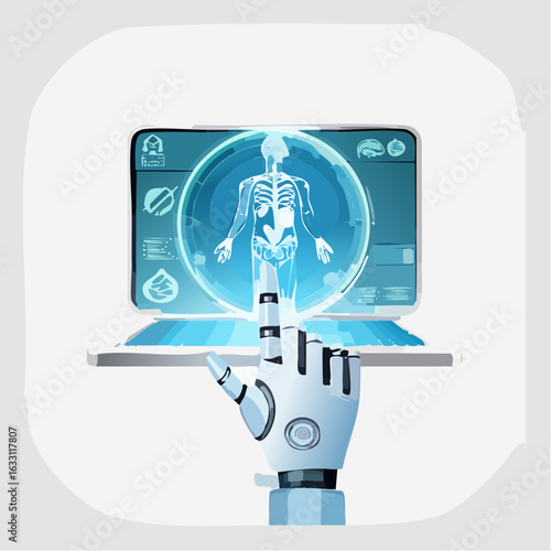 Robotic hand interacting with a digital screen displaying a human skeleton, showcasing advanced medical technology and artificial intelligence in healthcare innovation and diagnostics