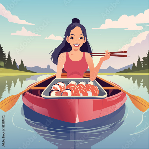 Close up woman in kayak on calm lake enjoys sushi box, using chopsticks to savor delicious meal while surrounded by serene nature and tranquil waters