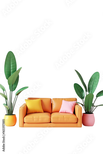 A stylish, modern couch with colorful pillows and houseplants.