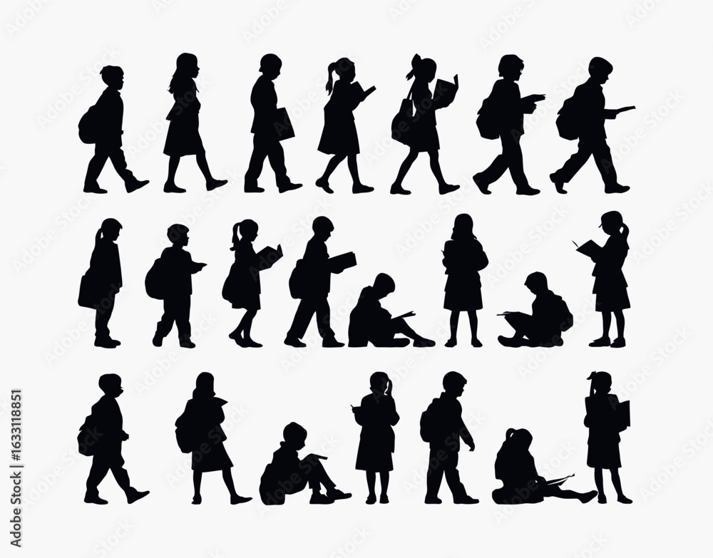 Obraz premium Children with Books and School Bags Silhouette Collection Template in Vector Format