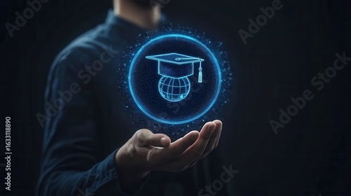Wallpaper Mural A man is holding a glowing holographic globe with a graduation cap, symbolizing global education and digital learning, against a dark background, creating a futuristic and inspirational mood. Torontodigital.ca