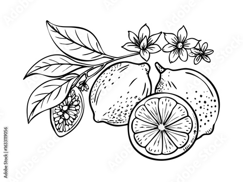 Hand drawn lemon. Vintage lime orange or lemon fruits blossom and branches for juice label. Vector black ink outline food sketch illustrations with juicy piece and peel fruit for health fresh drinks
