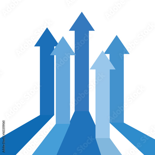 5 blue arrows pointing up prepresent business growth, profit and competition