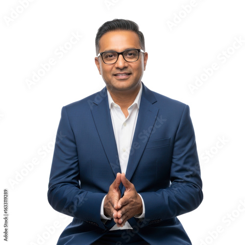 A confident and friendly businessman in a blue suit and glasses, smiling with his hands clasped, isolated on a white background.