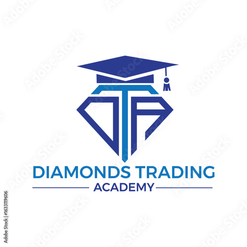 Diamonds Trading Academy Logo:  Modern Blue and White Graduation Cap Design, Professional Education Branding.