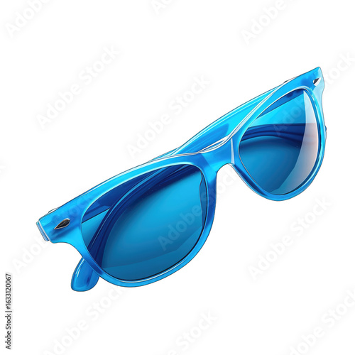 A pair of vibrant blue sunglasses, angled slightly, showcases a sleek, modern design with a subtle curve to the frames. The lenses are a matching shade of blue, reflecting light