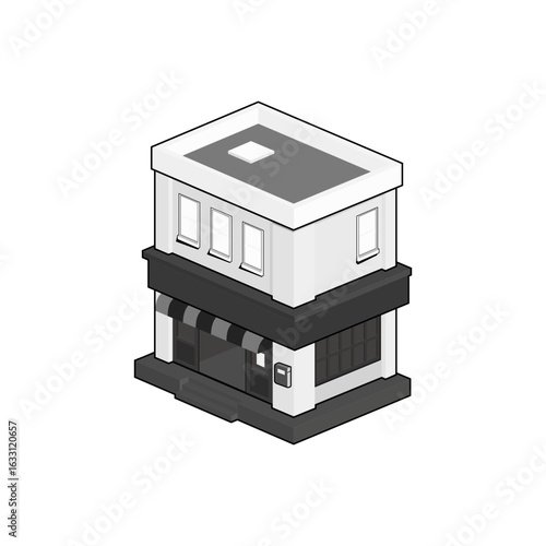 isometric building cafe bookstore in black and white transparent background