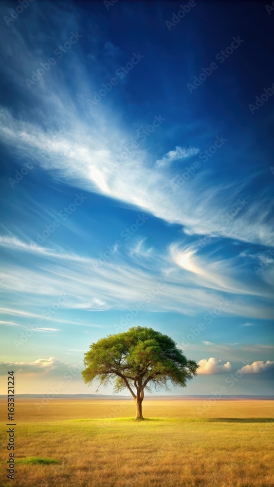 Obraz premium A serene landscape with a solitary tree standing in the midst of a vast