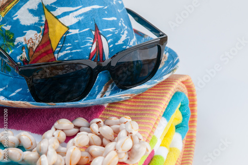 beach party hat, sunglasses and shell necklace