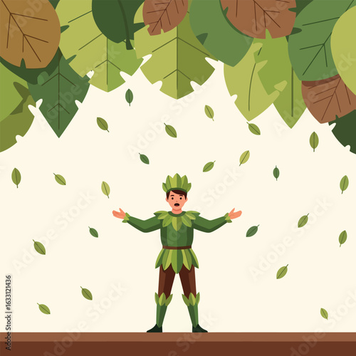 Man in Leaf Costume Stands Under Falling Leaves with Open Arms