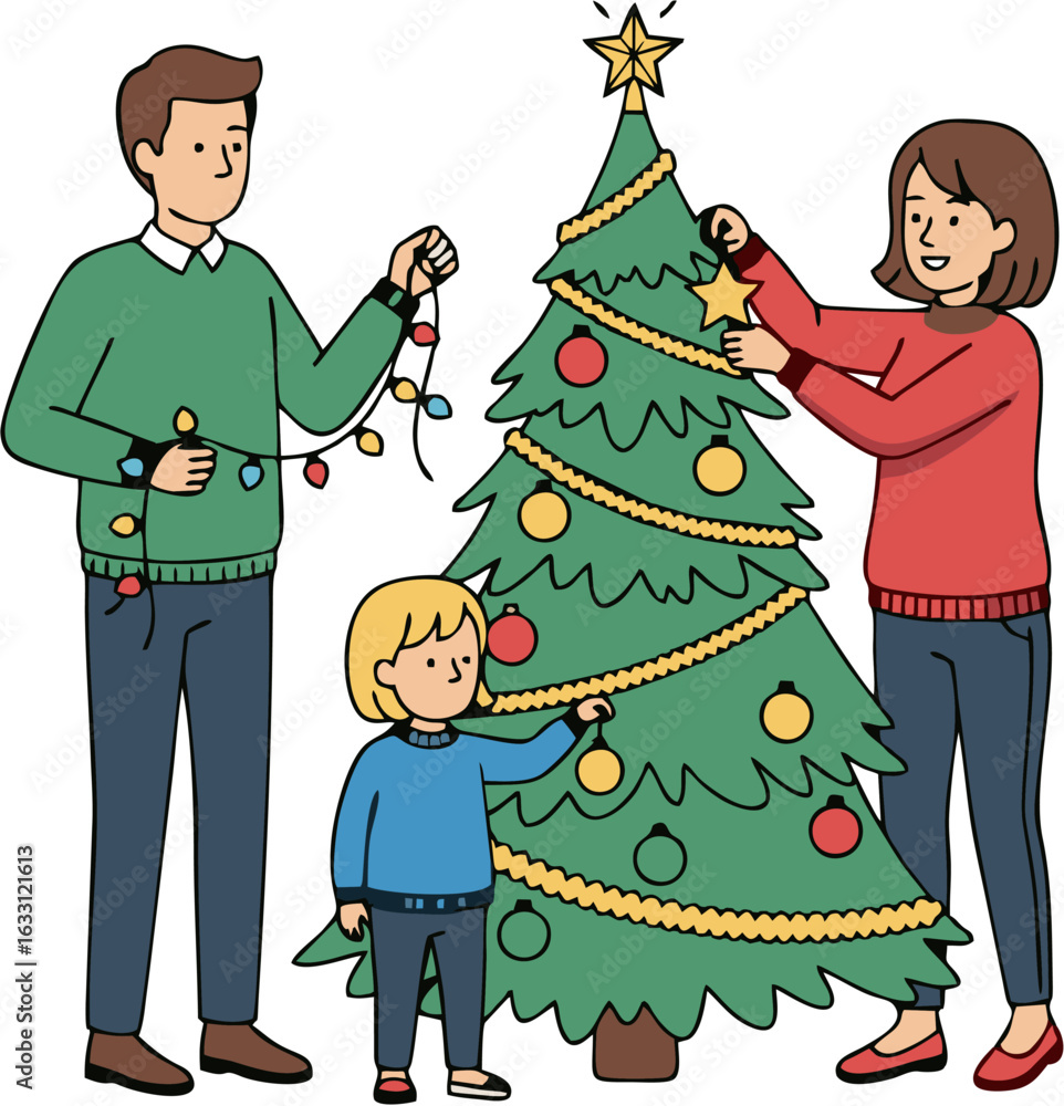 Fototapeta premium Family Decorating a Christmas Tree with Lights and Ornaments in a Cozy Winter Scene