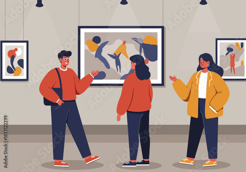 Minimalist flat-vector illustration of stylish students in an art gallery.